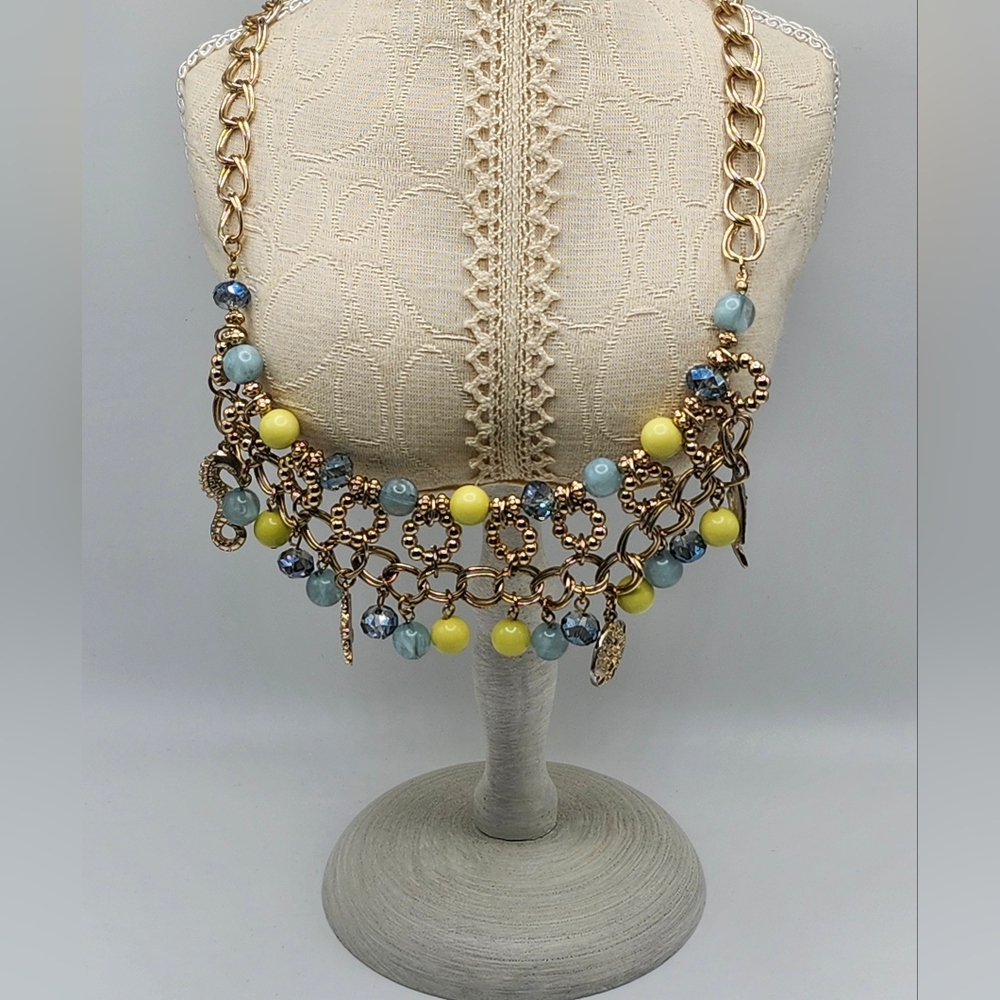 Designer Julia C. (tag) fun blues and yellow beads gold tone collar bib necklace